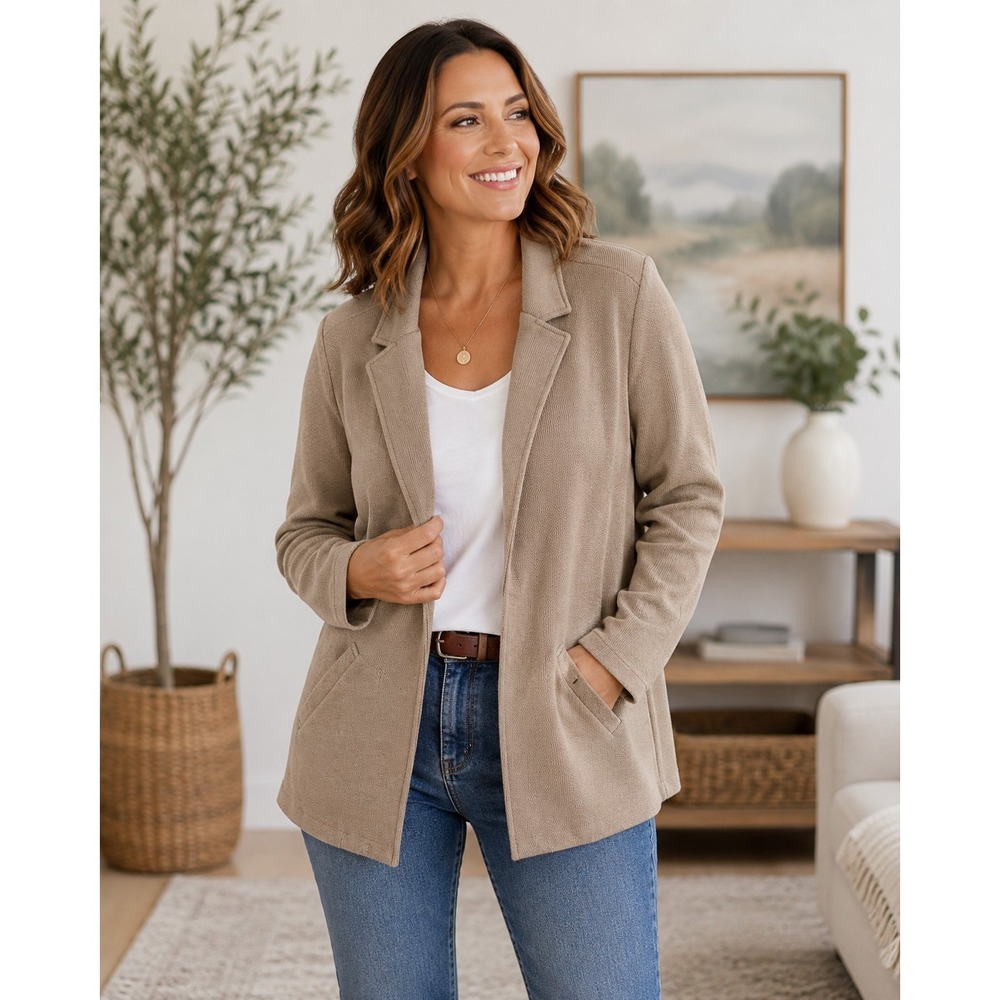 Matty M Women XXL Knit Boyfriend Blazer Cardigan Camel Open Front Stretch Jacket
